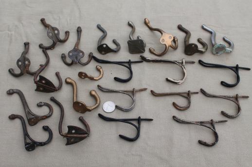 photo of antique & vintage coat hooks, lot of 22 assorted old wall hooks  triple hooks w/ acorn finials #7