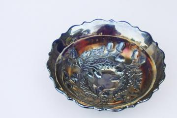 catalog photo of antique vintage cobalt blue carnival glass bowl, oak leaf and acorn