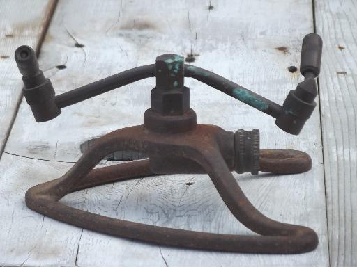 photo of antique vintage copper lawn sprinkler w/ art deco cast iron stand #2