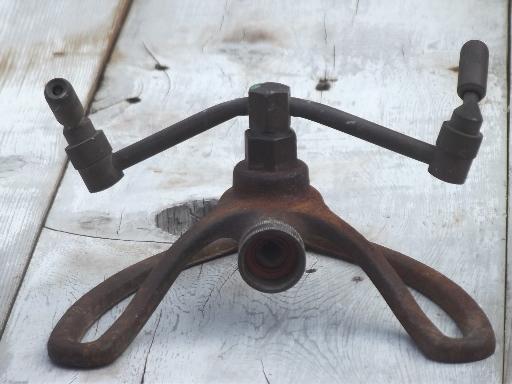 photo of antique vintage copper lawn sprinkler w/ art deco cast iron stand #4