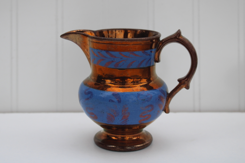 photo of antique vintage copper lustre luster pottery pitcher, blue band redware clay #1