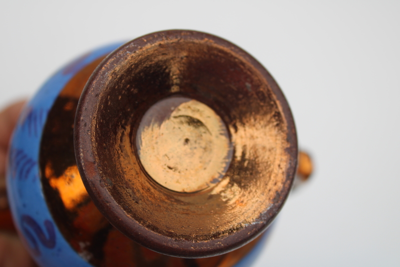 photo of antique vintage copper lustre luster pottery pitcher, blue band redware clay #5