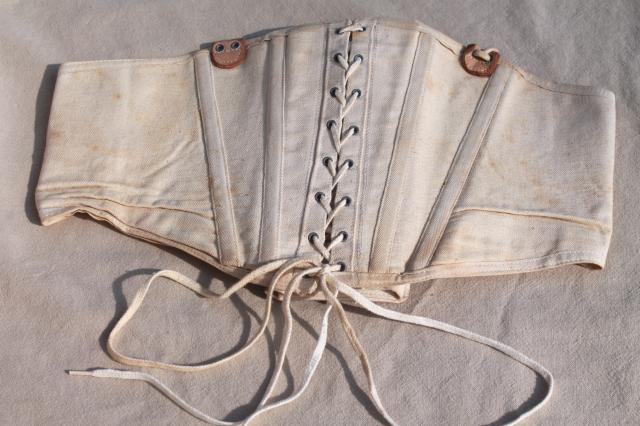 photo of antique vintage cotton corset girdle w/ leather back brace, adjustable lacing 30 #1