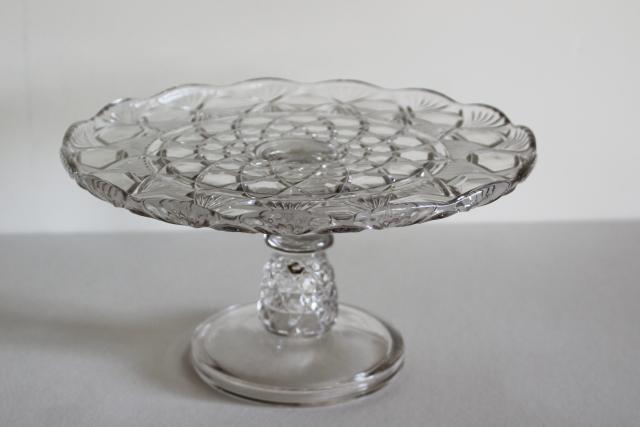 photo of antique vintage crystal clear pressed glass cake stand, pineapple pattern EAPG #1
