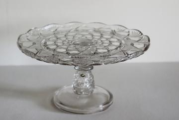 catalog photo of antique vintage crystal clear pressed glass cake stand, pineapple pattern EAPG