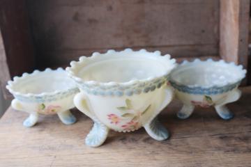 antique vintage custard glass flower bowls Vermont pattern forget me not hand painted roses