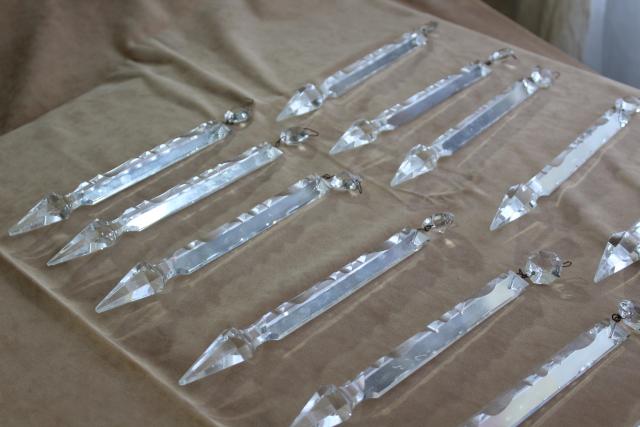 photo of antique vintage cut crystal lusters or chandelier prisms, large long spear point shape #4