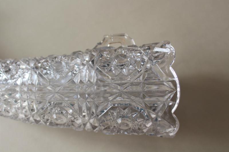 photo of antique vintage daisy or hobstar pattern glass horn vase, hanging cornucopia #2