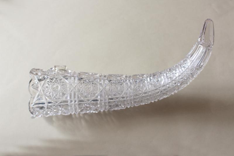 photo of antique vintage daisy or hobstar pattern glass horn vase, hanging cornucopia #4