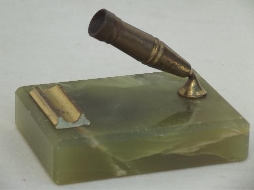 photo of antique vintage desk set w/ blotter, slag glass? tinted alabaster or marble?  #2