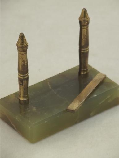 photo of antique vintage desk set w/ blotter, slag glass? tinted alabaster or marble?  #5