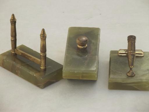 photo of antique vintage desk set w/ blotter, slag glass? tinted alabaster or marble?  #8