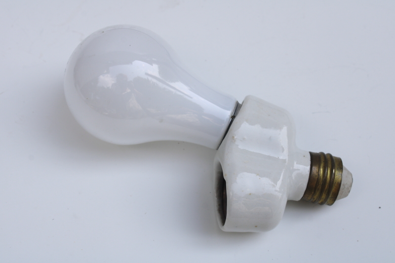 photo of antique vintage electric light bulb double socket, white porcelain screw in cluster two light fixture #5