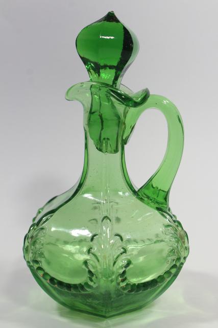 photo of antique vintage emerald green glass cruet, EAPG acanthus leaf pattern pressed glass #2