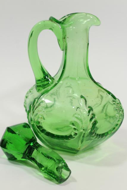 photo of antique vintage emerald green glass cruet, EAPG acanthus leaf pattern pressed glass #4