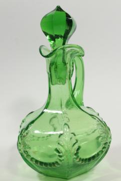 catalog photo of antique vintage emerald green glass cruet, EAPG acanthus leaf pattern pressed glass