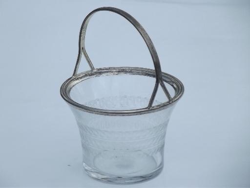 photo of antique vintage etched glass and silver plate basket for candy or flowers #1