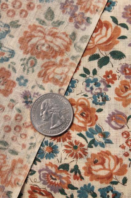 photo of antique vintage fabric, bittersweet orange roses print lightweight cotton lawn or voile #3