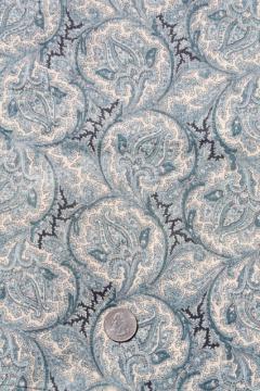 catalog photo of antique vintage fabric, blue paisley print lightweight cotton lawn or voile