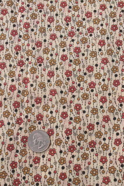 photo of antique vintage fabric, orange & gold flowers tiny print lightweight cotton lawn or voile #1