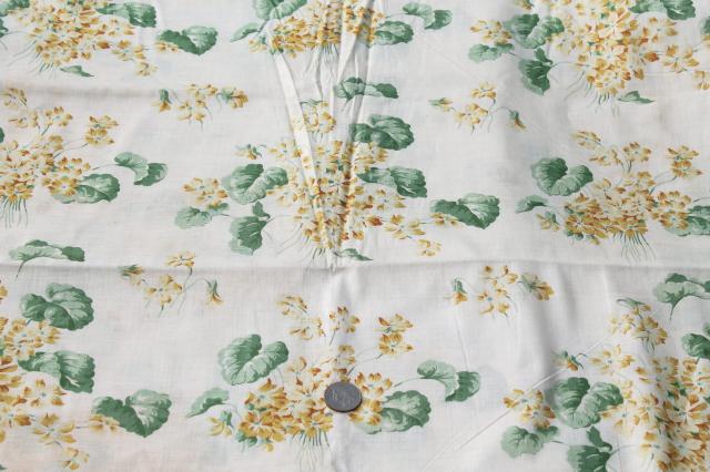 photo of antique vintage fabric, yellow violets print glazed finish polished cotton chintz #1