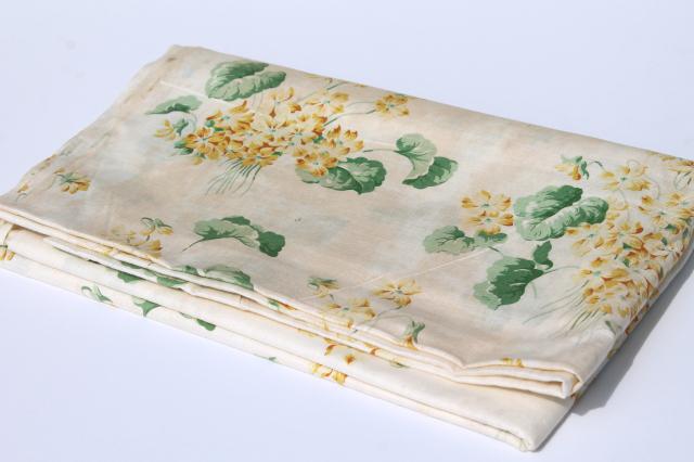 photo of antique vintage fabric, yellow violets print glazed finish polished cotton chintz #2