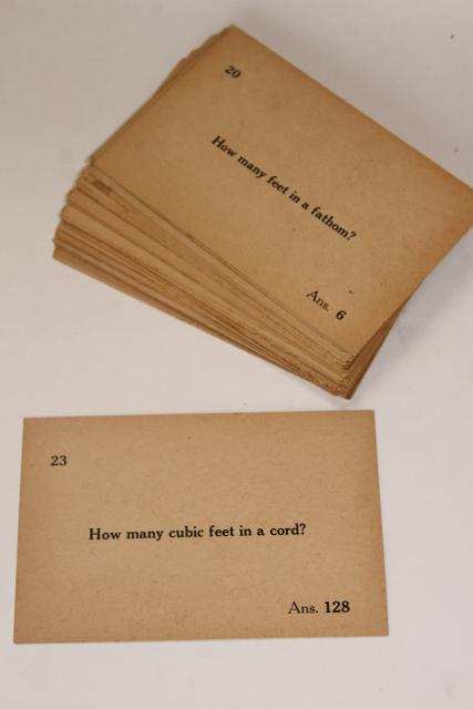 photo of antique vintage flash cards, classroom math & measurements quiz question cards #1