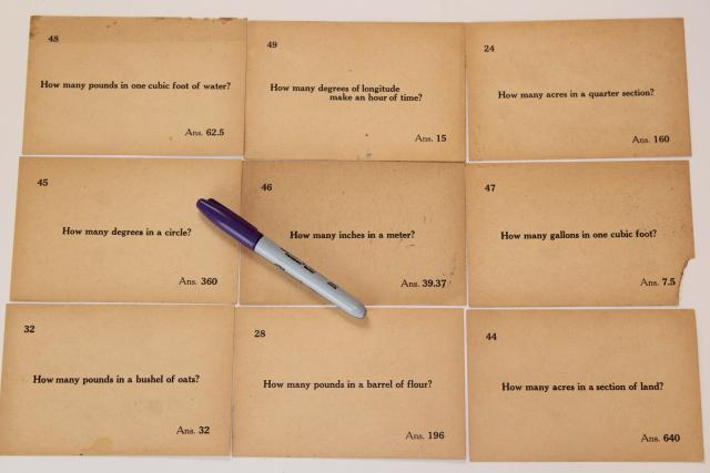 photo of antique vintage flash cards, classroom math & measurements quiz question cards #3