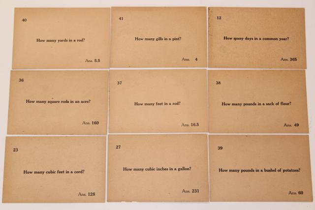 photo of antique vintage flash cards, classroom math & measurements quiz question cards #4