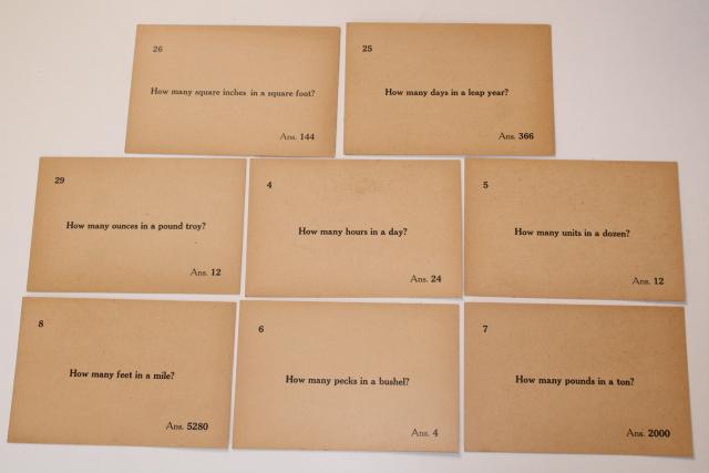 photo of antique vintage flash cards, classroom math & measurements quiz question cards #6