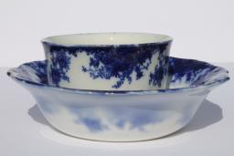 catalog photo of antique vintage flow blue china serving pieces, cranberry bowl & round salad bowl