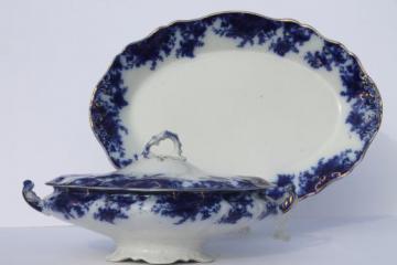 catalog photo of antique vintage flow blue china serving pieces, large platter & covered bowl or tureen