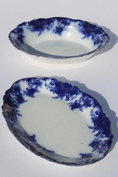 catalog photo of antique vintage flow blue china serving pieces, meat platter & oval vegetable bowl