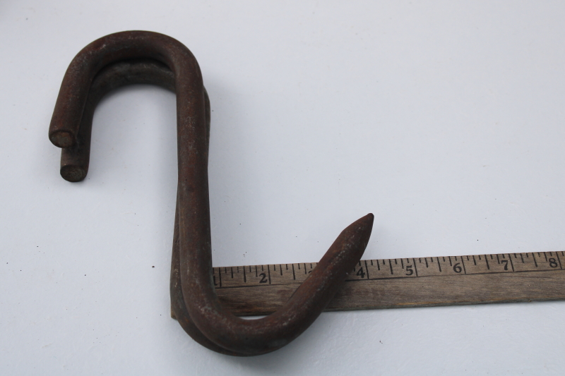 photo of antique vintage forged iron meat hanging hooks, huge metal hooks for smokehouse or butcher #3