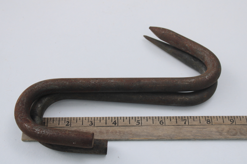 photo of antique vintage forged iron meat hanging hooks, huge metal hooks for smokehouse or butcher #4