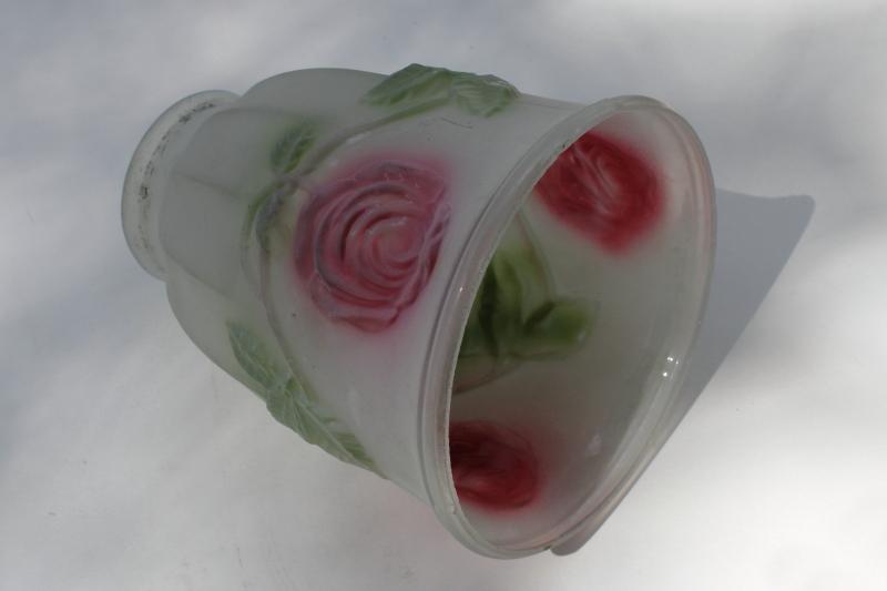 photo of antique vintage frosted glass lamp light shade, puffy roses in pink & green #1