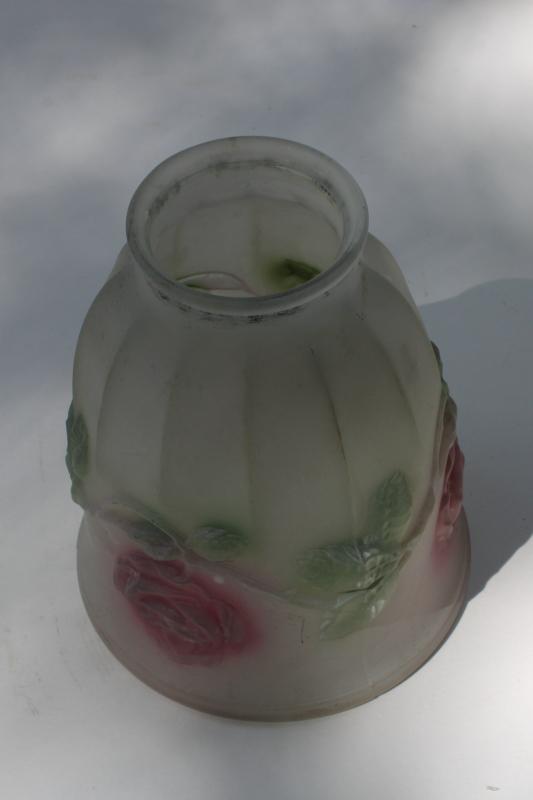 photo of antique vintage frosted glass lamp light shade, puffy roses in pink & green #2