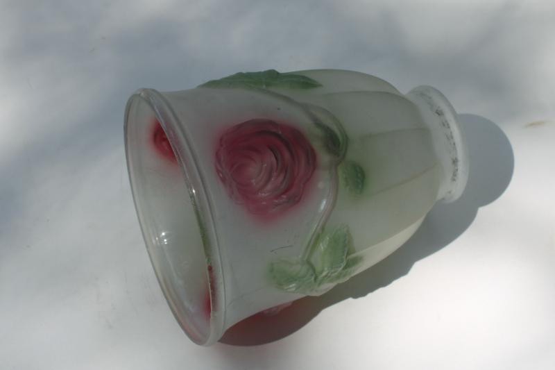 photo of antique vintage frosted glass lamp light shade, puffy roses in pink & green #3