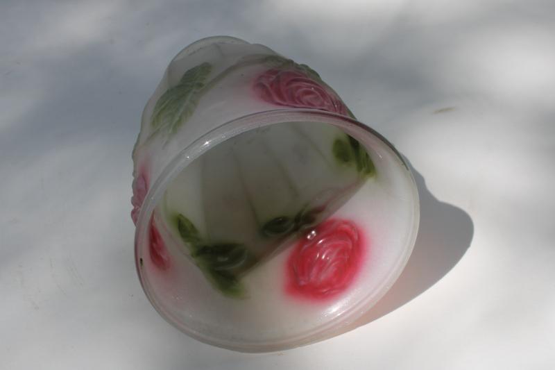 photo of antique vintage frosted glass lamp light shade, puffy roses in pink & green #4