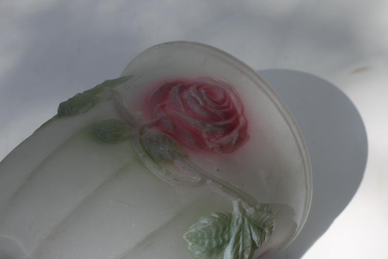 photo of antique vintage frosted glass lamp light shade, puffy roses in pink & green #6