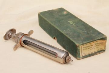 catalog photo of antique vintage glass & metal syringe veterinary medicine farm livestock