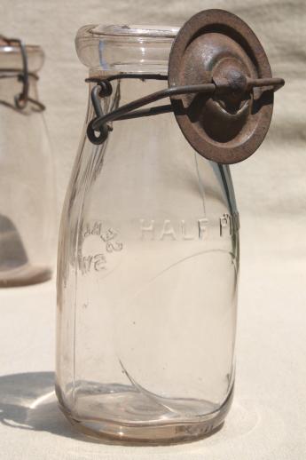 photo of antique vintage glass bottles, half pint glass fruit preserves jars w/ metal lids #6