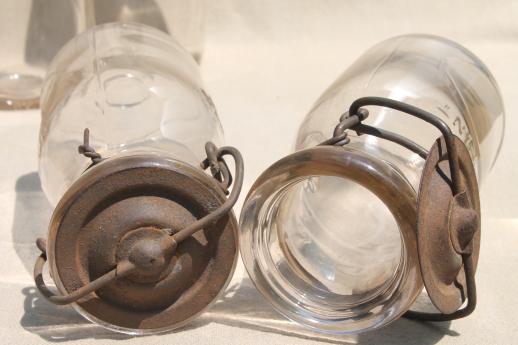 photo of antique vintage glass bottles, half pint glass fruit preserves jars w/ metal lids #8
