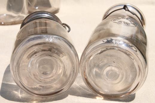 photo of antique vintage glass bottles, half pint glass fruit preserves jars w/ metal lids #9