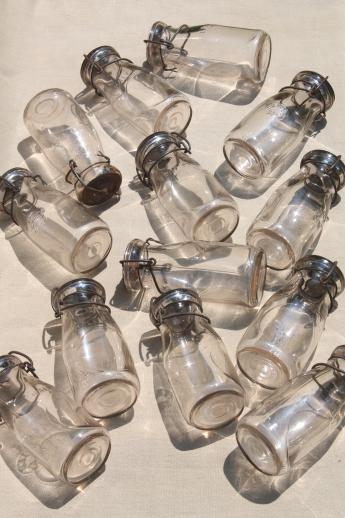 photo of antique vintage glass bottles, half pint glass fruit preserves jars w/ metal lids #10