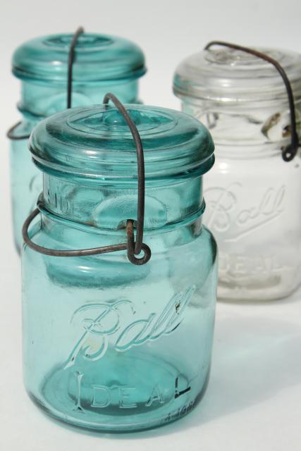 photo of antique vintage glass canning jars w/ 1908 patent dates, bail lid blue glass Ball jars #1