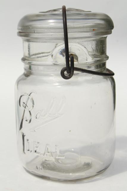 photo of antique vintage glass canning jars w/ 1908 patent dates, bail lid blue glass Ball jars #2