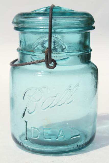 photo of antique vintage glass canning jars w/ 1908 patent dates, bail lid blue glass Ball jars #4