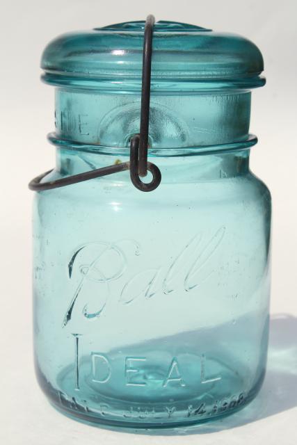 photo of antique vintage glass canning jars w/ 1908 patent dates, bail lid blue glass Ball jars #5