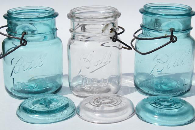 photo of antique vintage glass canning jars w/ 1908 patent dates, bail lid blue glass Ball jars #7